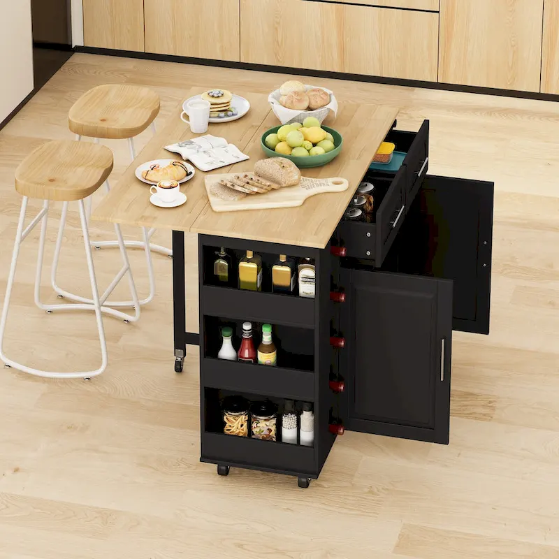Foldable Kitchen Island Cart with Spice Rack, Towel Holder & Wine Rack