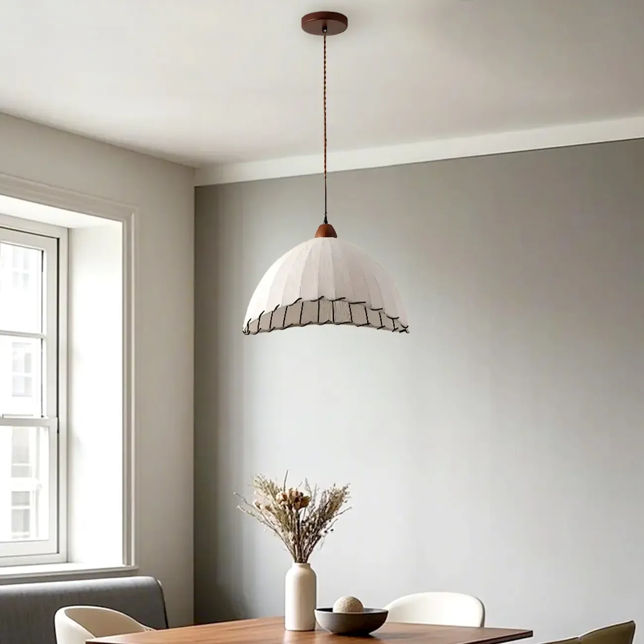 Dome-Shape White Fabric Rope Pendant Light Residential Use