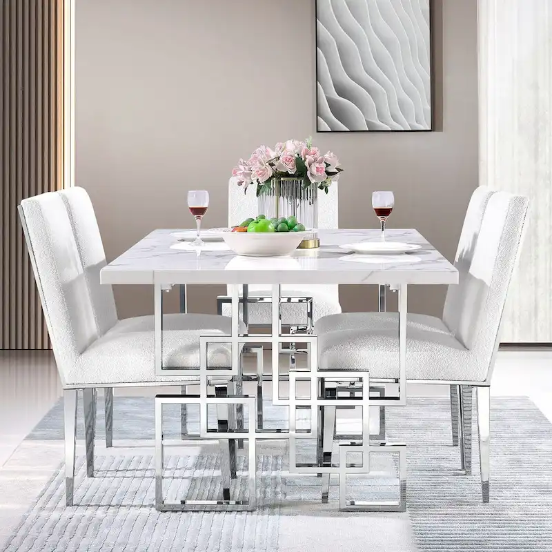 78 inch Faux Marble Dining Table with Geometric Metal Base