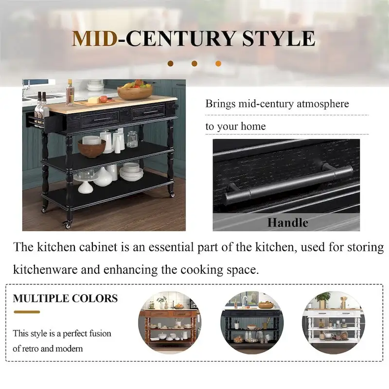 Rolling OAK Wood Top Kitchen Cart with Wine Rack and 2 Drawers