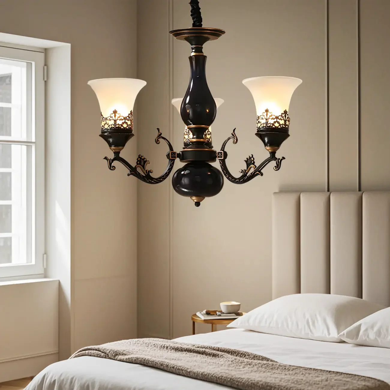 Mid-Century Living Room Black Frosted Wite Glass Bell Shape Chandelier