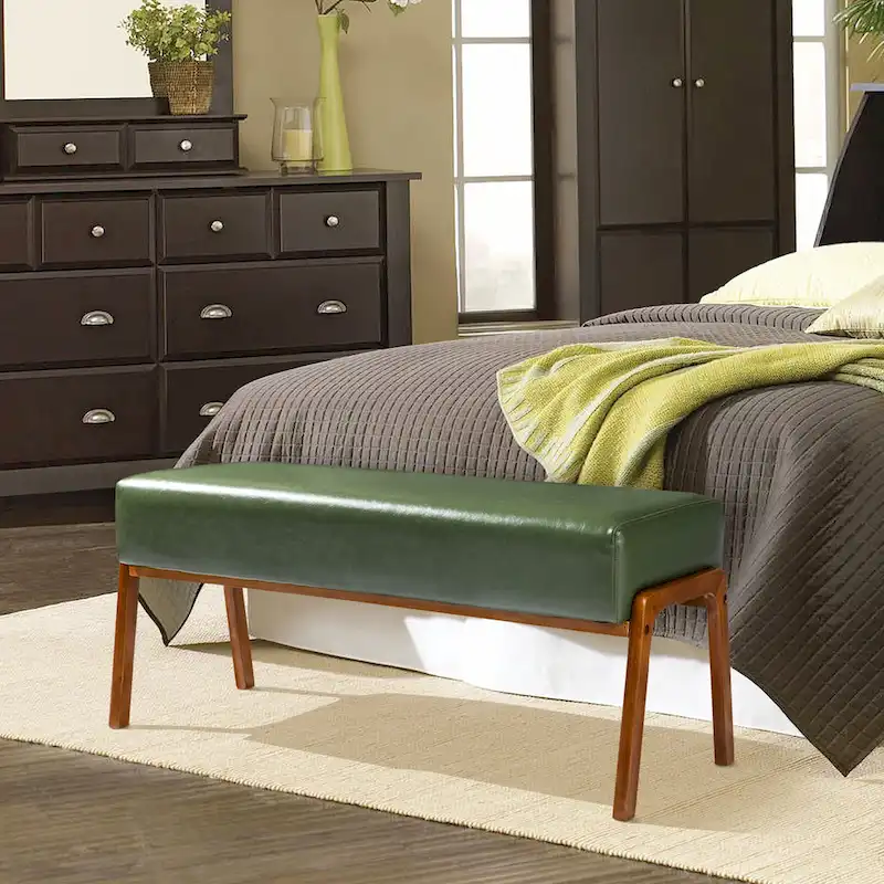 Glitzhome 42.25W Modern Leatherette Bench with Walnut Rubberwood Legs