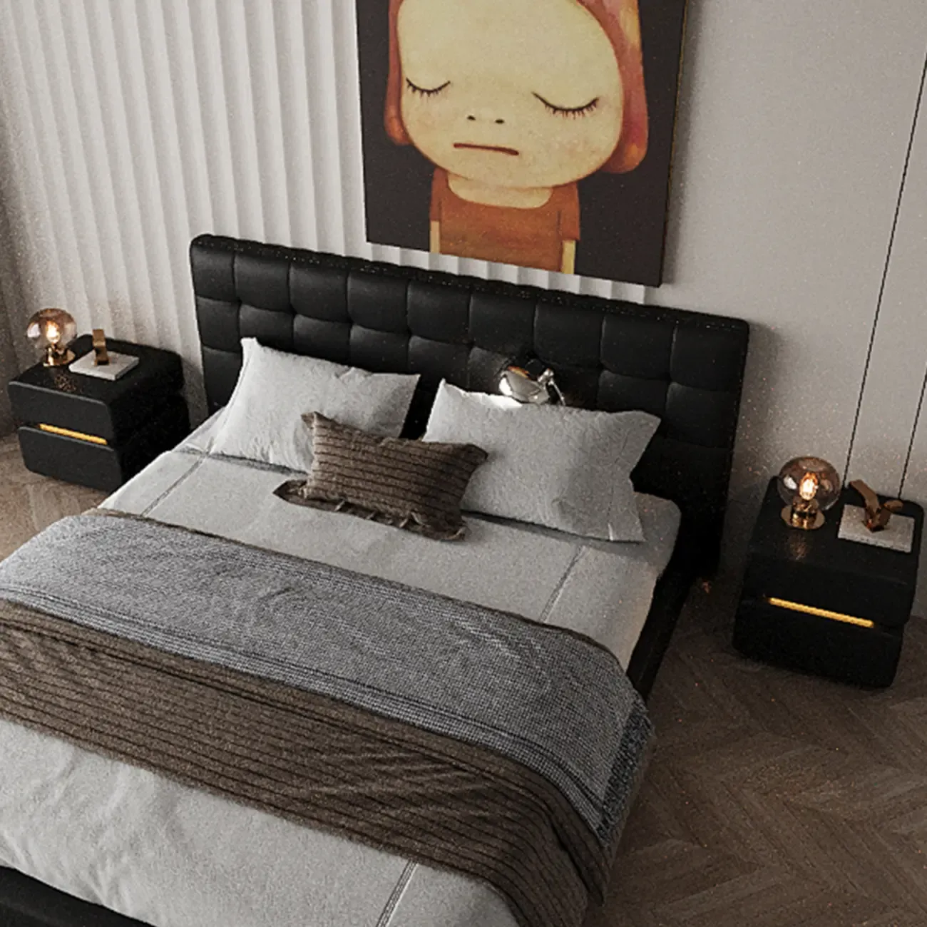 Modern Black Leather Top  2 Drawers Accent Nightstand