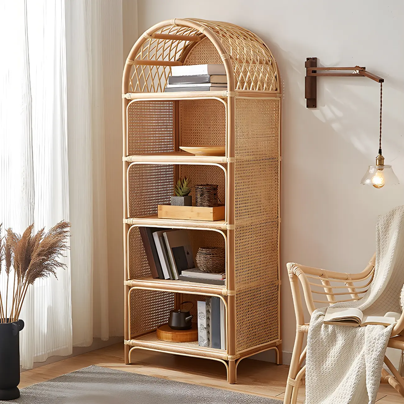 Light Wood Arch Rattan Bookshelf 5-Tier Bookcase