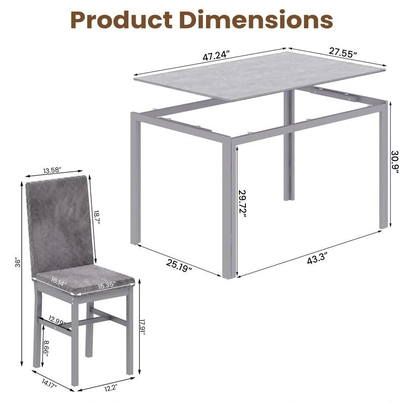 Grondin Modern Style 5-Piece Dining Room Table Set with Tempered Glass Tabletop and 4 Diamond Stitching PU Leather Dining Chairs