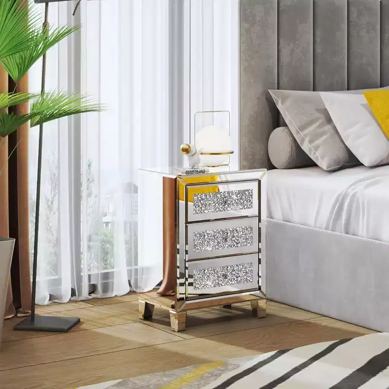 VINGLI Mirrored Nightstand with 3 Drawers Modern End Table Bed Side Table with Mirrored Finish