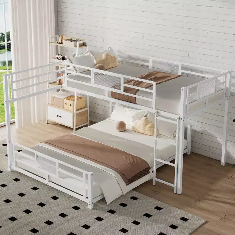 Bellemave L-shaped Metal Twin over Full Size Bunk Bed, White
