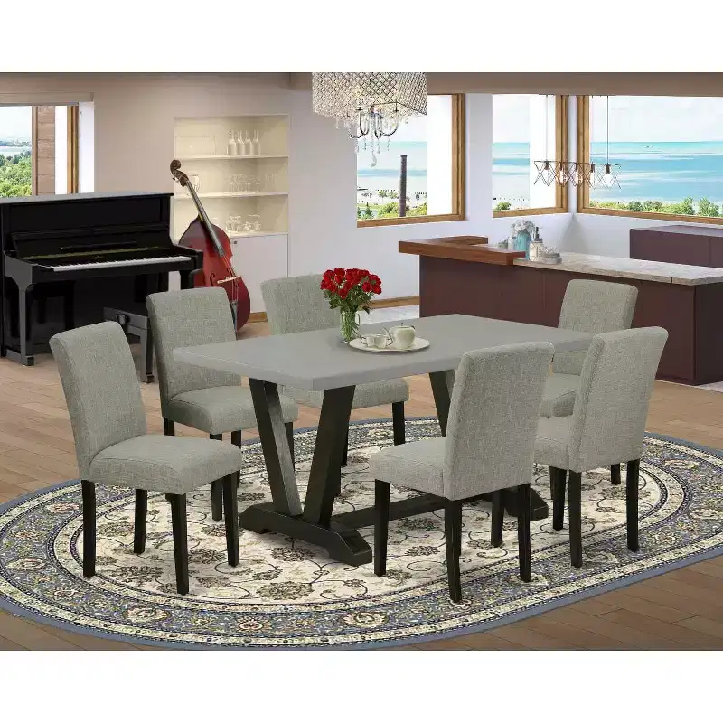 HomeStock 7-Pc Rectangle Natural Oak Finish Solid Wood Top Dining Table with 6 Chairs