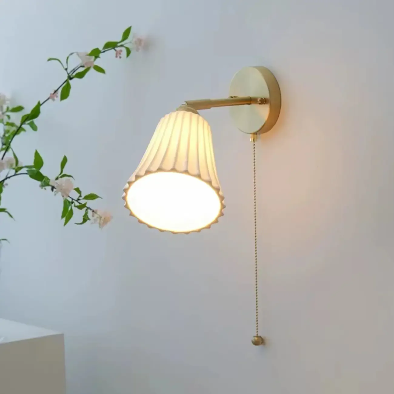 Modern White Wall Sconce with Ceramic Shade and Pull Chain