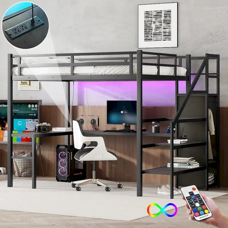 Full XL Size Metal Loft Bed with L-shaped Desk & USB