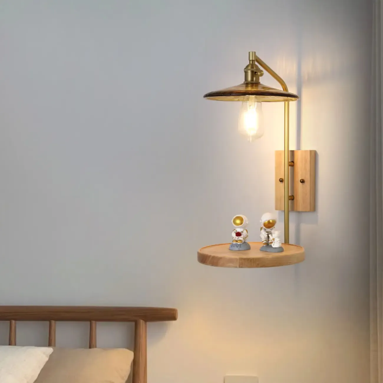 Industrial Indoor Wall Sconce with Shelf and Brass Finish