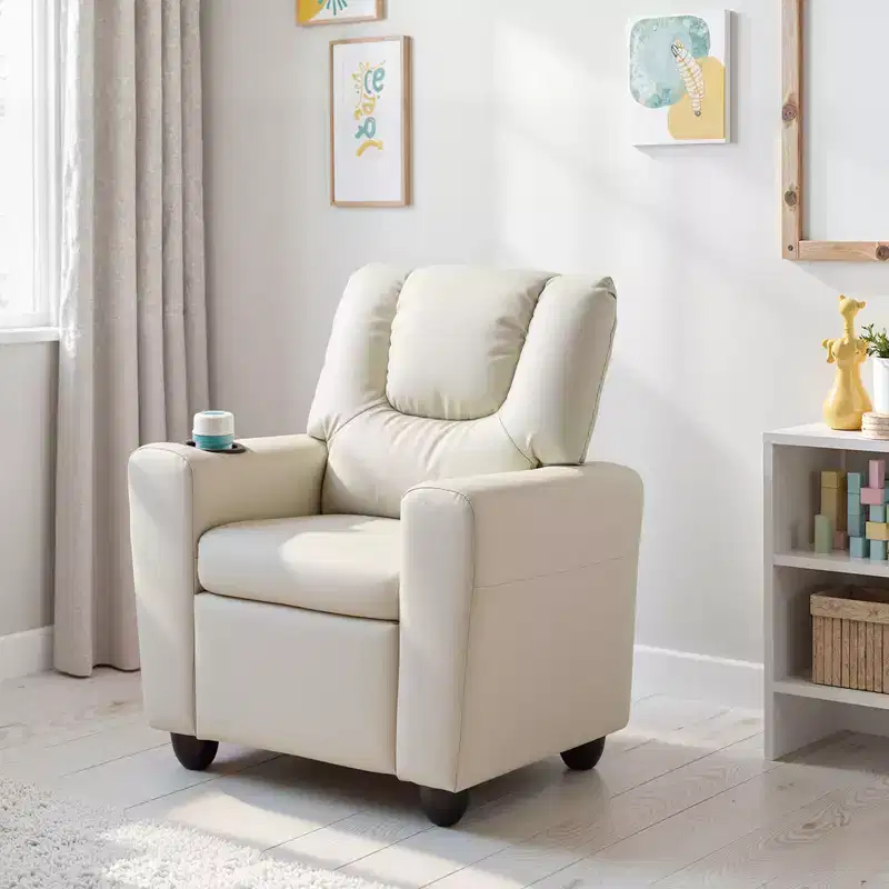 Kids Recliner Chair with Cup Holder – Beige / Black / Brown / Pink, Push-Back Style, 1-Seat