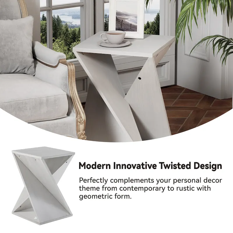 COZAYH Farmhouse End Table Square Solid Wood Side Table Rustic Plant Stand With Twisted Design, Natural Wood, Black