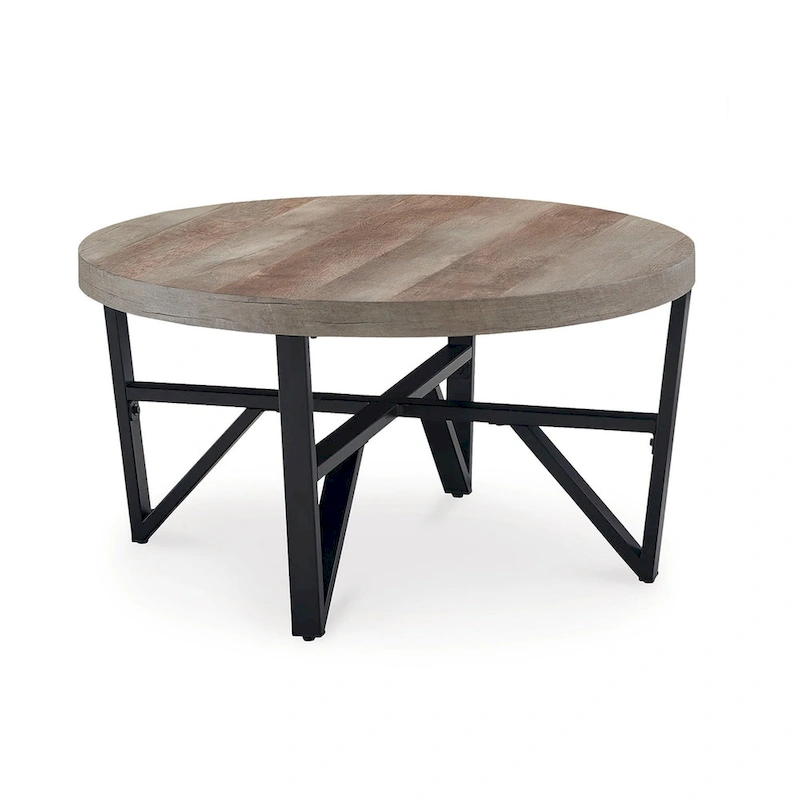 Hya 3pc Coffee and End Table Set, Brown Wood Round Top, Black Angular