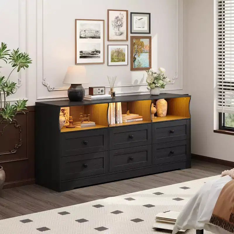 6-Drawer Dresser with RGB Lights & Power Outlet, Black / Gray / White