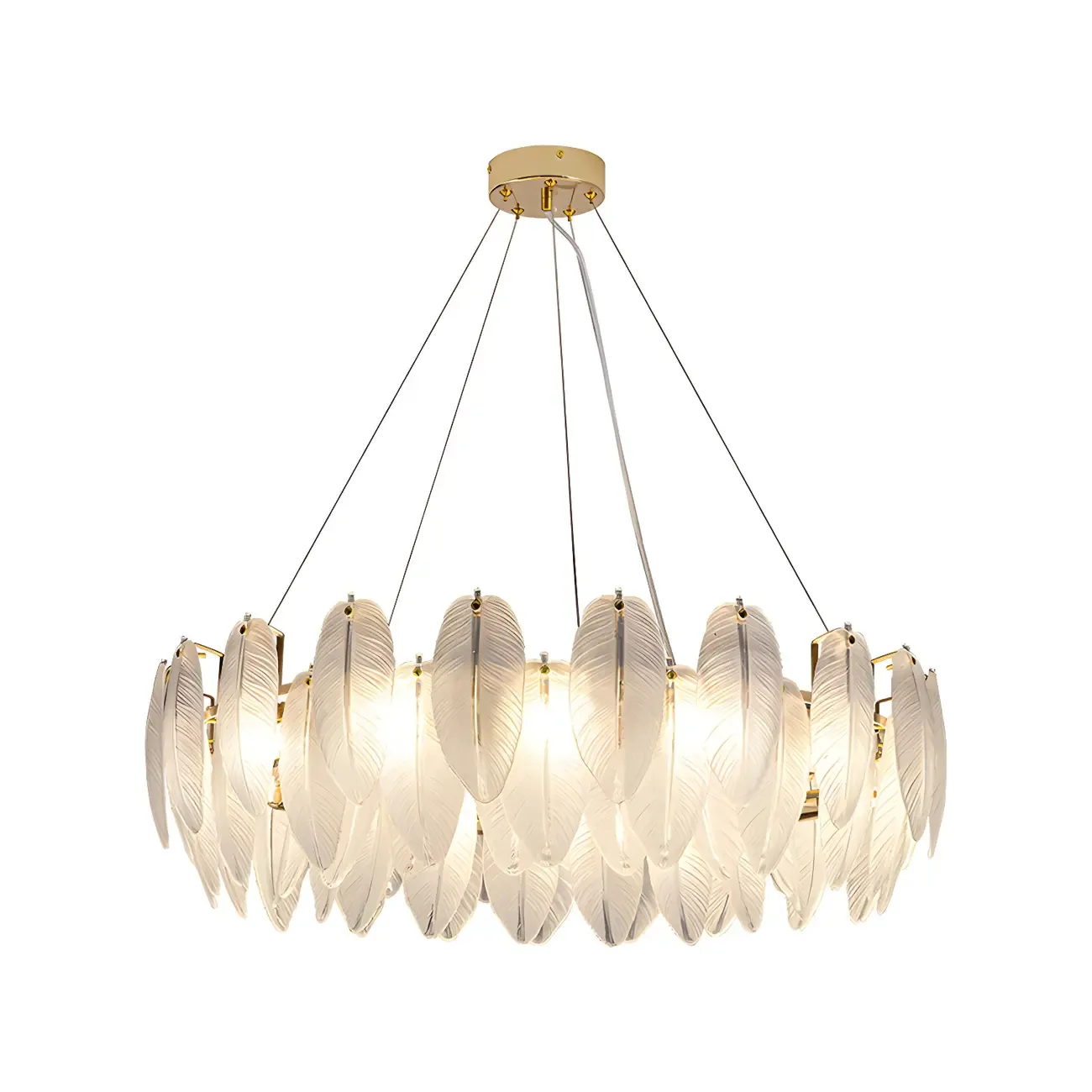 Elegant White Glass Feather Round Chandelier