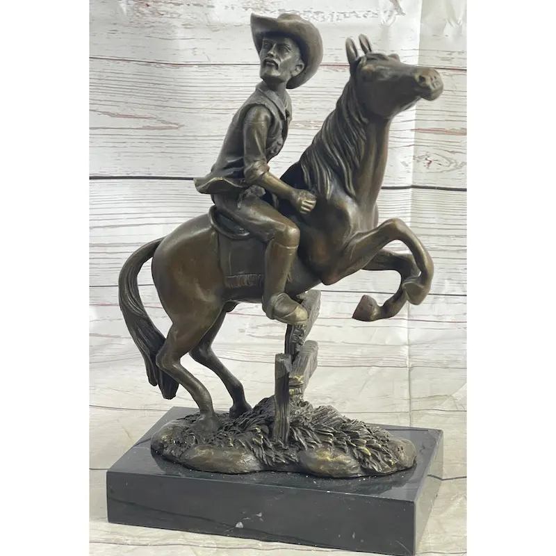 Cowboy On Horseback Hopping A Fence Bronze Sculpture Statue Western Decor
