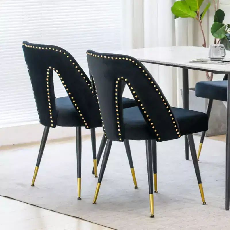 Velvet Upholstered Dining Chairs Set of 2, Accent Chairs with Nailhead Trim and Gold-Tipped Black Metal Legs for Kitchen or Dining Area - Panipeachy