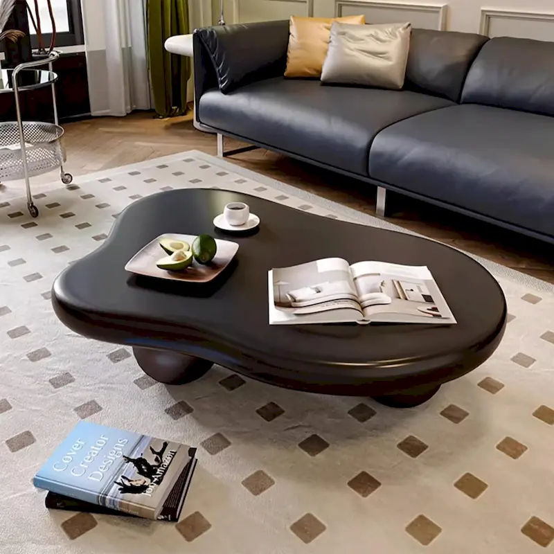 48" Cloud-Shaped Coffee Table, Black/Cream, Solid Wood Legs, Seats 2-4