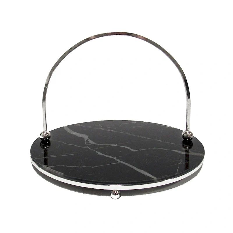 Round Marble Look Glass Decorative Tray Serving Platter with Silver Handles