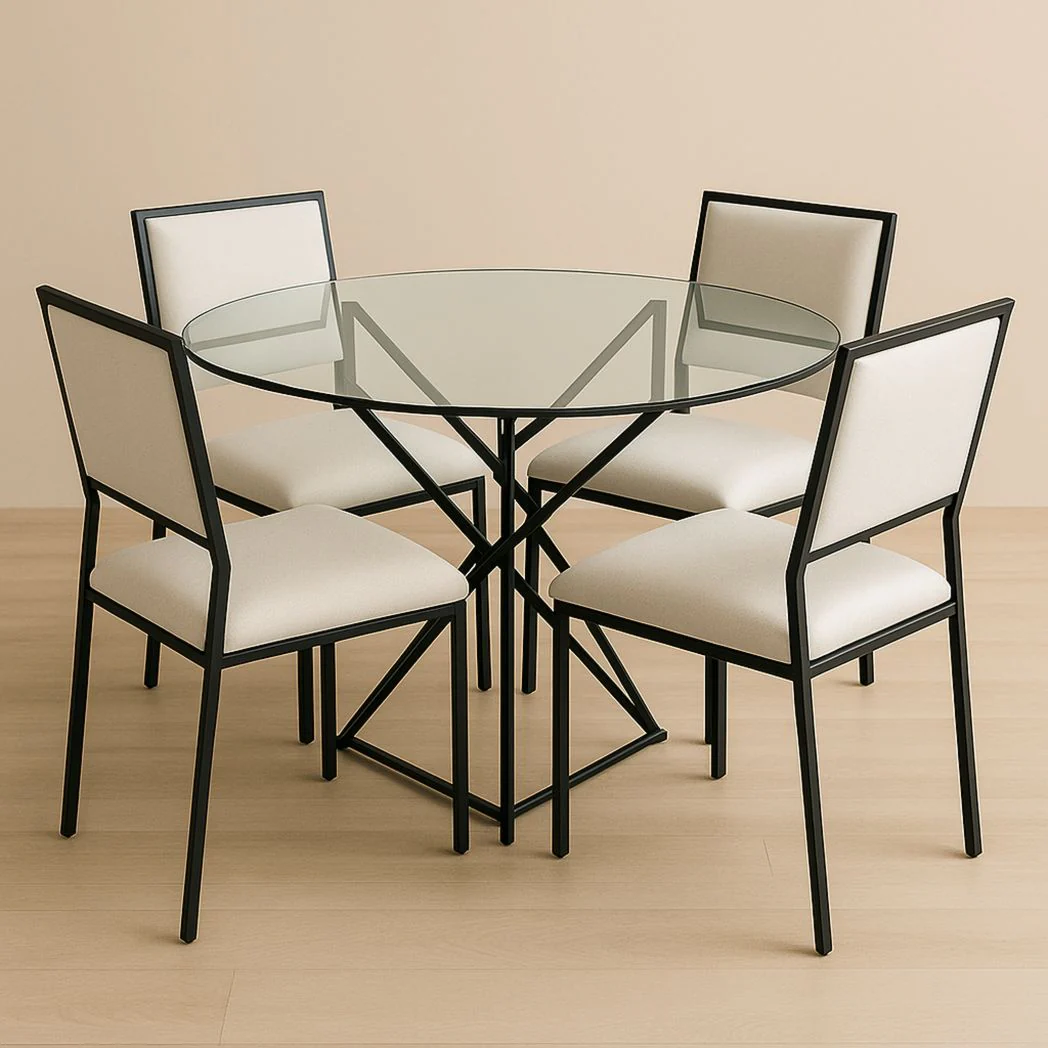 Table à manger ronde en verre trempé et métal noir avec 4 chaises en tissu polyester blanc - Diamètre 100 cm