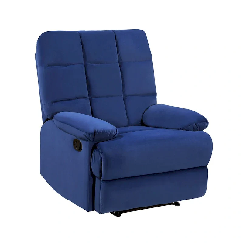 Patty 36 Inch Manual Recliner Chair, Cushioned, Blue Velvet, Solid Wood