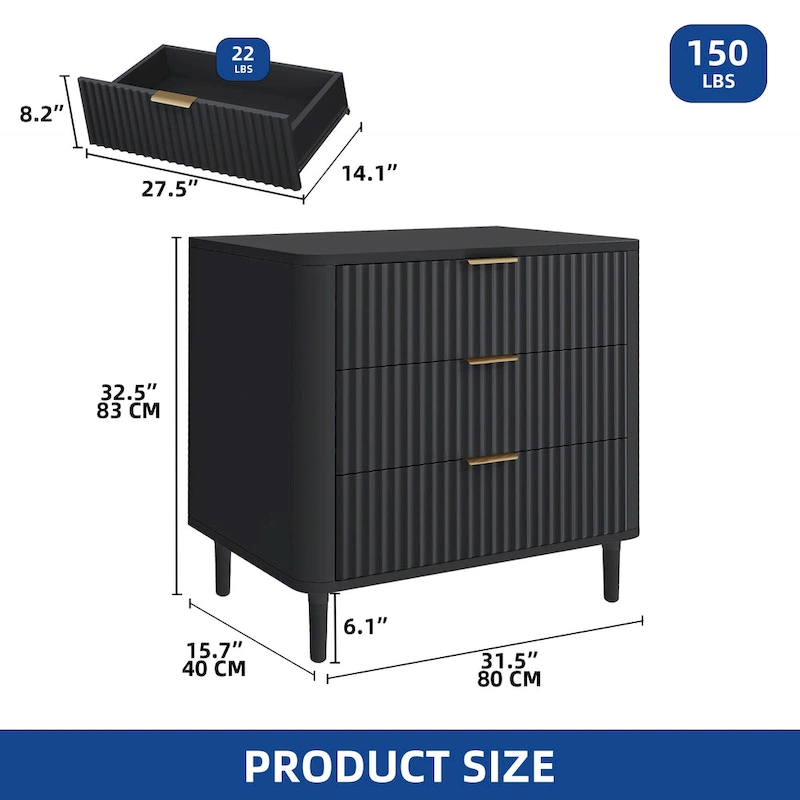 Moasis Modern Fluted 3-Drawer Dresser Chest of Drawers Natural Oak