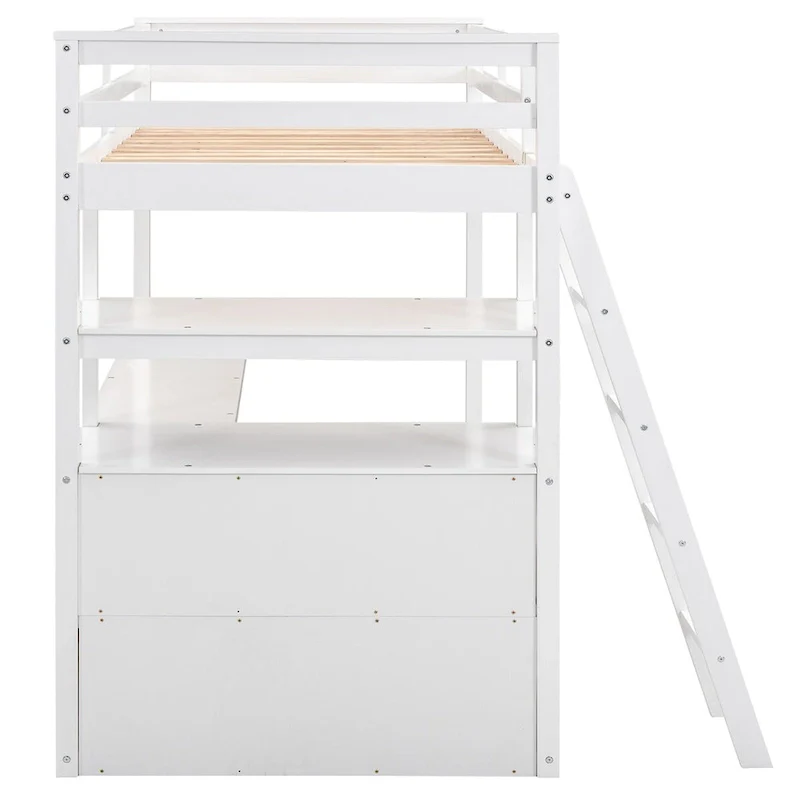 White Modern Pine Wood Loft Bed with Desk, Shelves, and Two Built-in Drawers