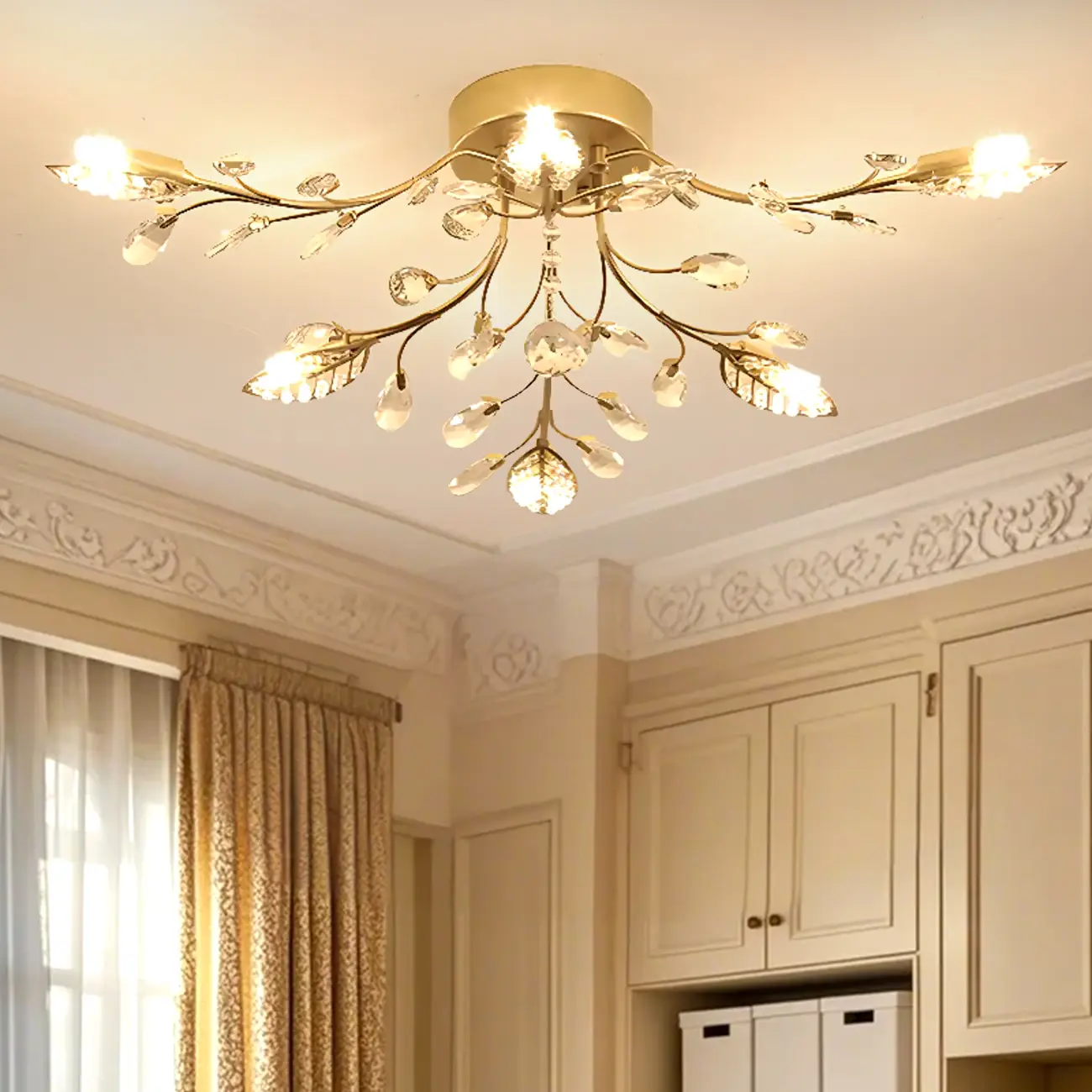 Elegant Golden Branch Crystal Semi Flush Ceiling Light