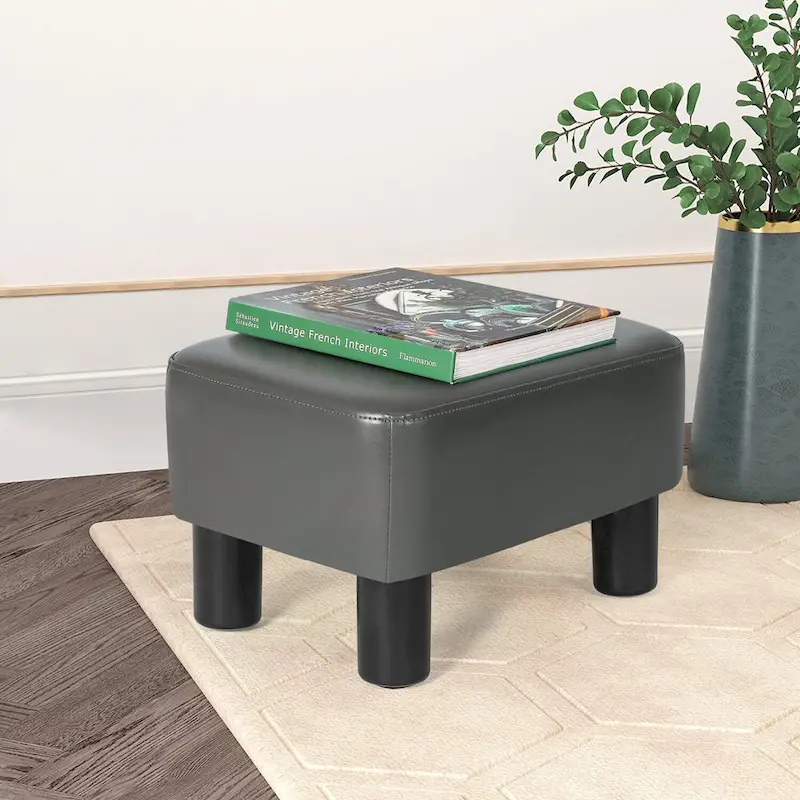 Rectangular PU Leather Footstool, Grey/Dark Grey/Brown, Wood Legs, Seats 1