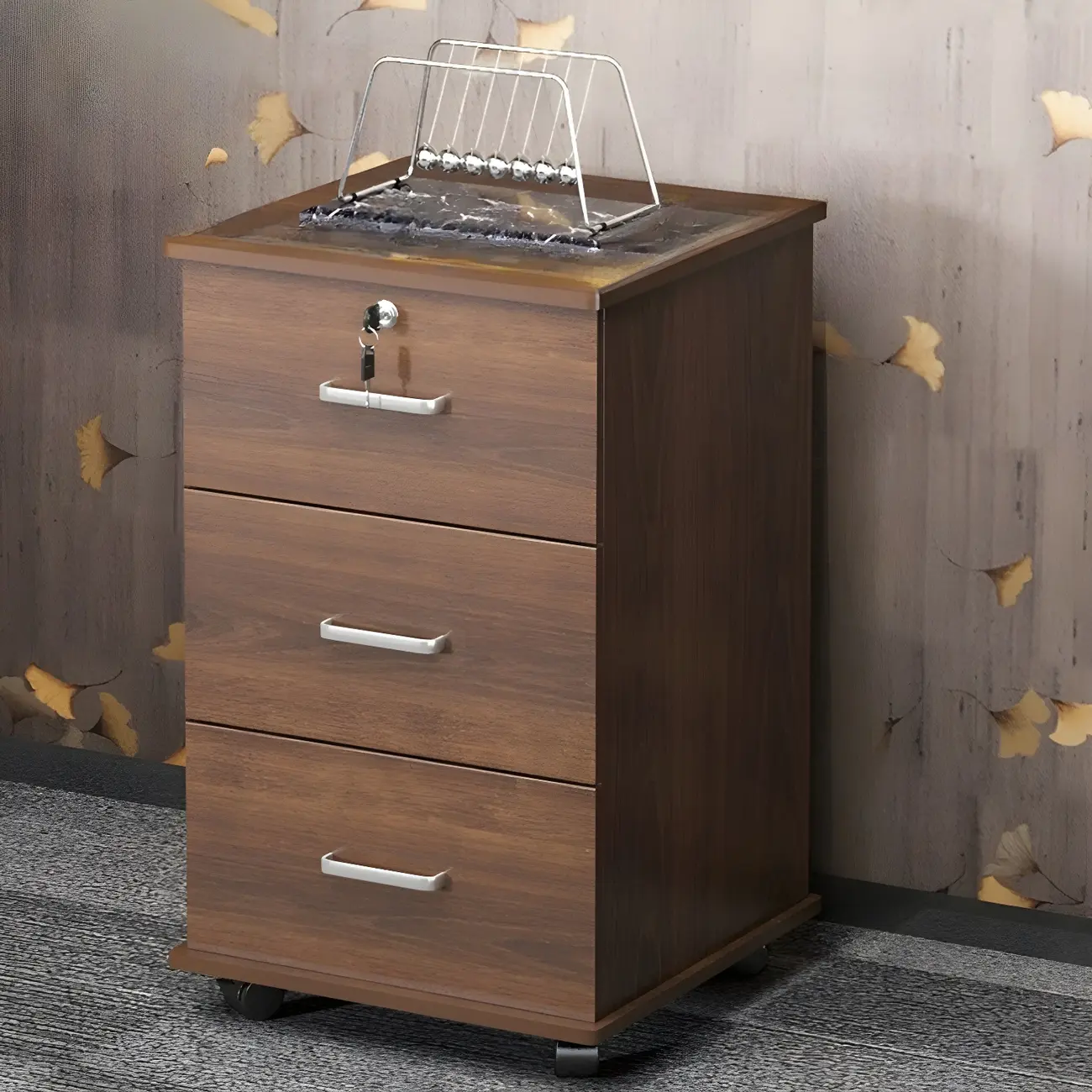 Lokable Brown-White Wood 3 Drawers Mobile Filing Cabinet
