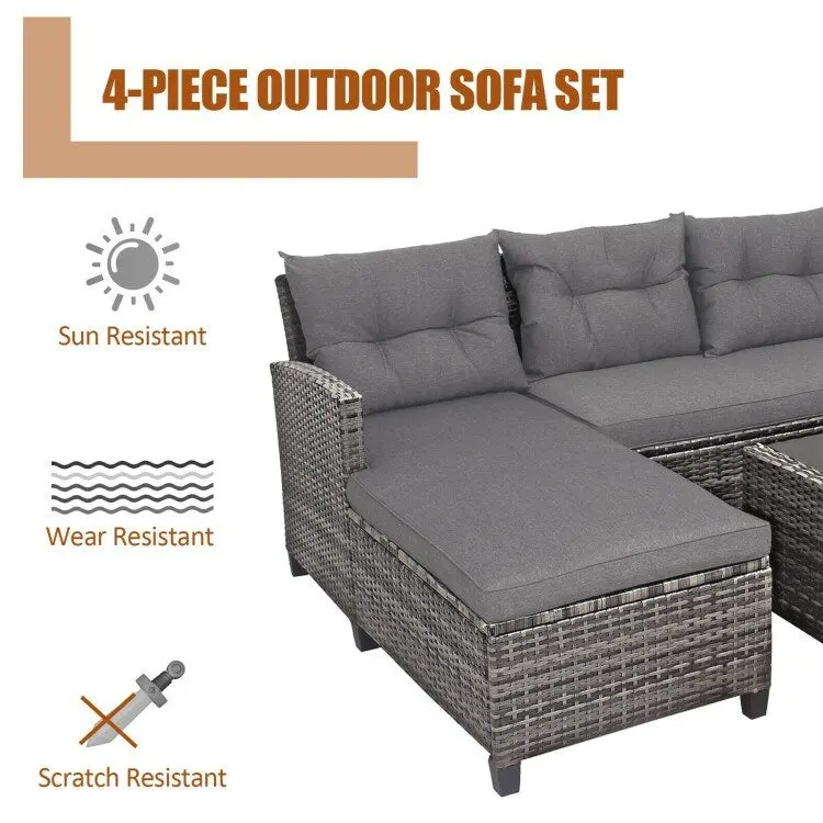 4 Pieces Patio Rattan Furniture Set with Cushion and Table Shelf - 27.5 x 47 x 30 (L x W x H)