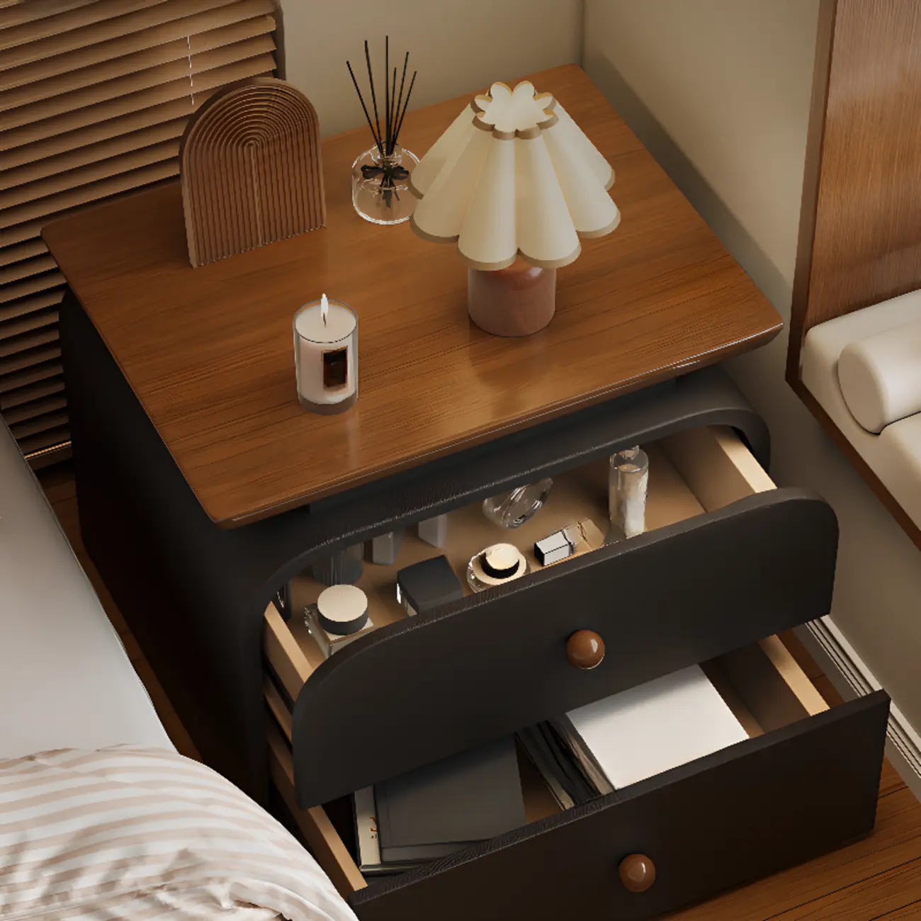 Faux Leather Modern Nightstand Wood Countertop