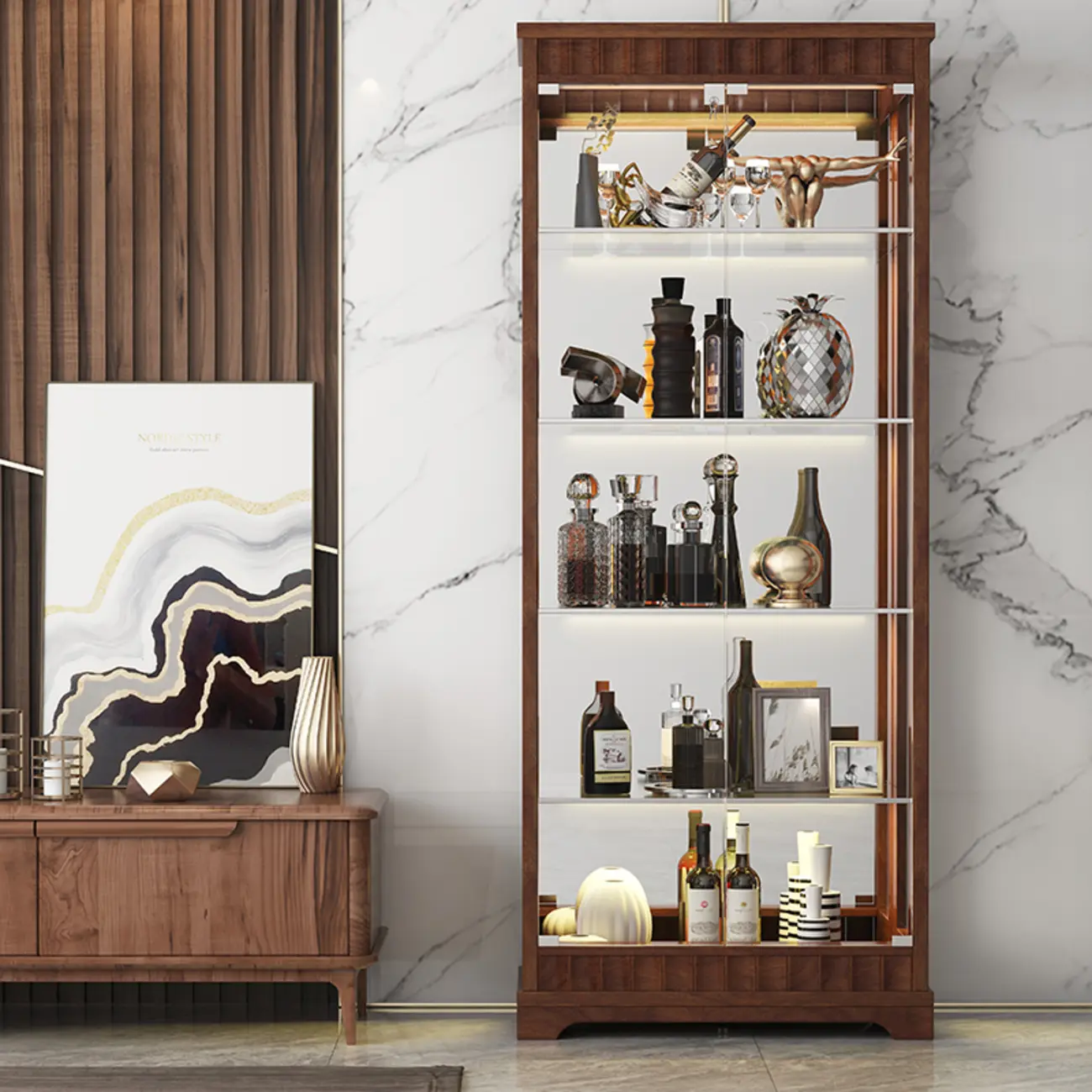 Modern Wood Wine Cabinet with Bar Glass Holder Shelf