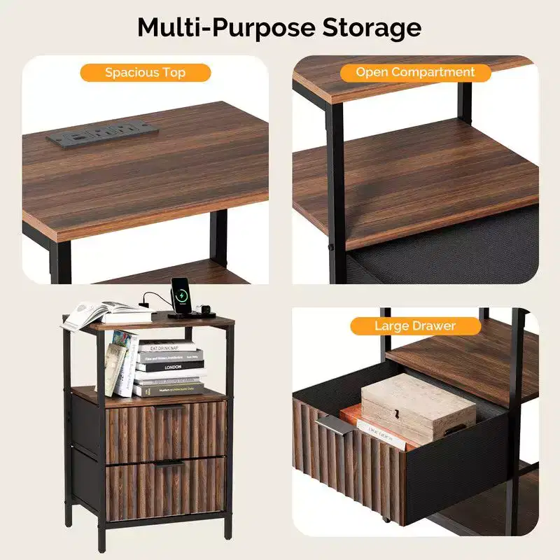Karl Home 15 Inches Wide Nightstand - 2 Drawers, 1 Shelf, US Power Outlet - set of 2