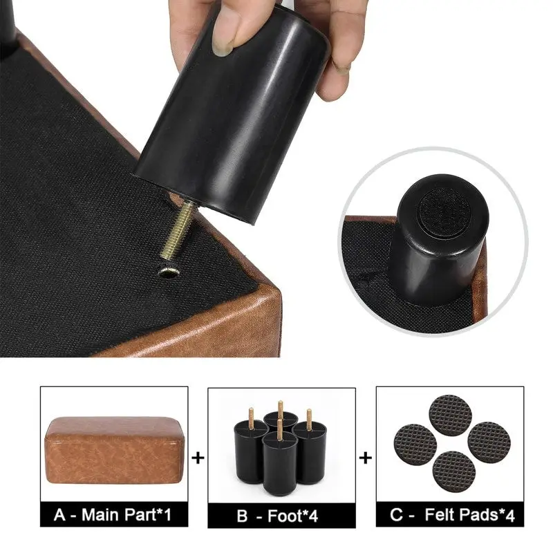 Rectangular PU Leather Footstool, Grey/Dark Grey/Brown, Wood Legs, Seats 1