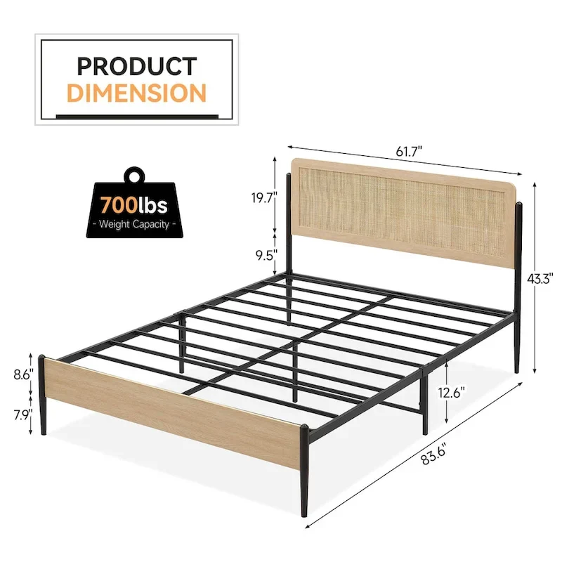 Bed Frame with Curved Rattan Headboard, MDF & Metal, No Box Spring, 700 lbs, Full/Queen