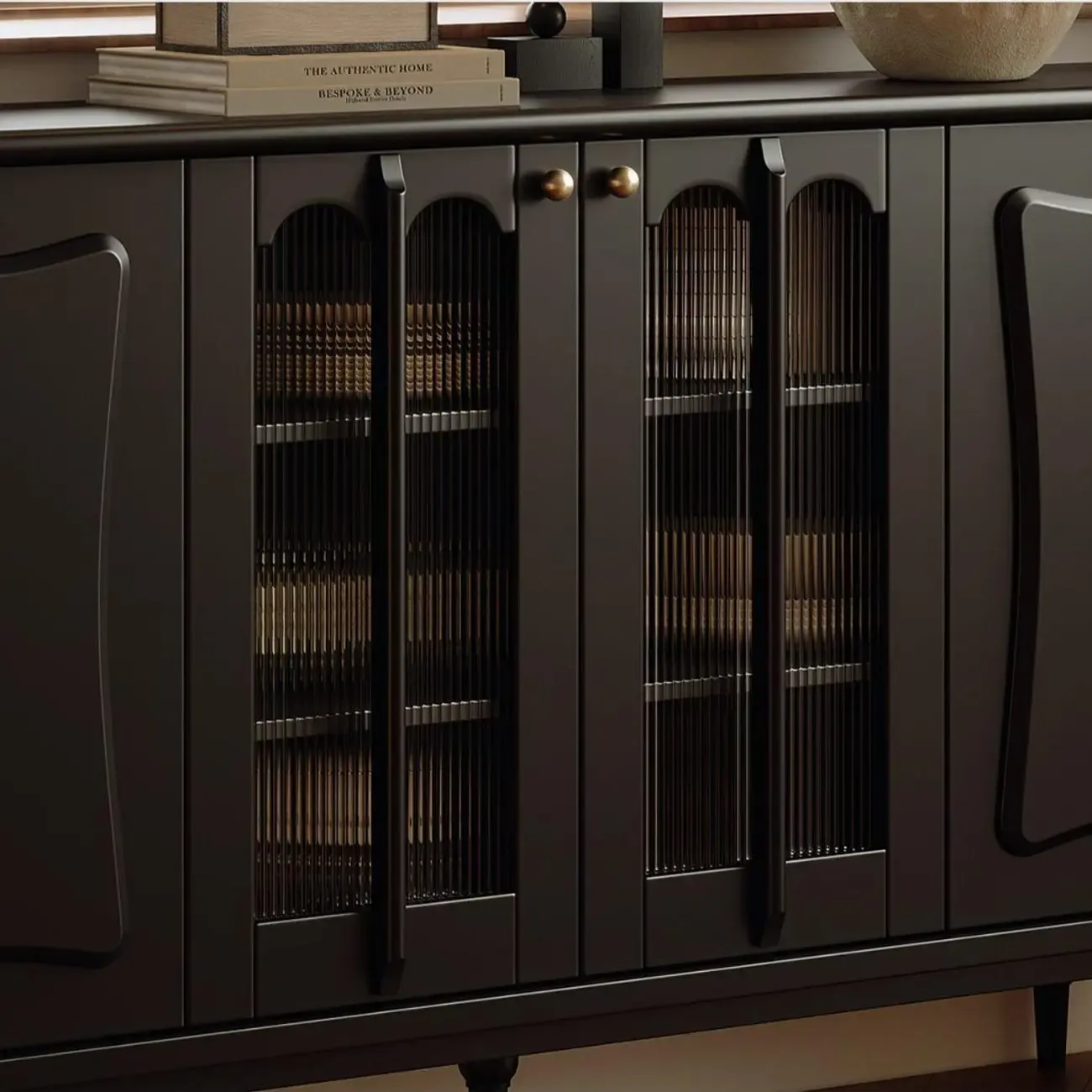 Medieval Style Black Wooden Buffet Table with Shelves