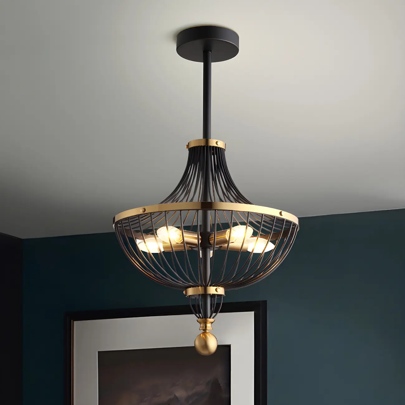 Industrial Gold Black Metal Cage Chandelier