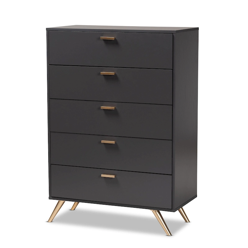 Kelson Modern Dark Grey and Gold Finished Wood 5-Drawer Chest