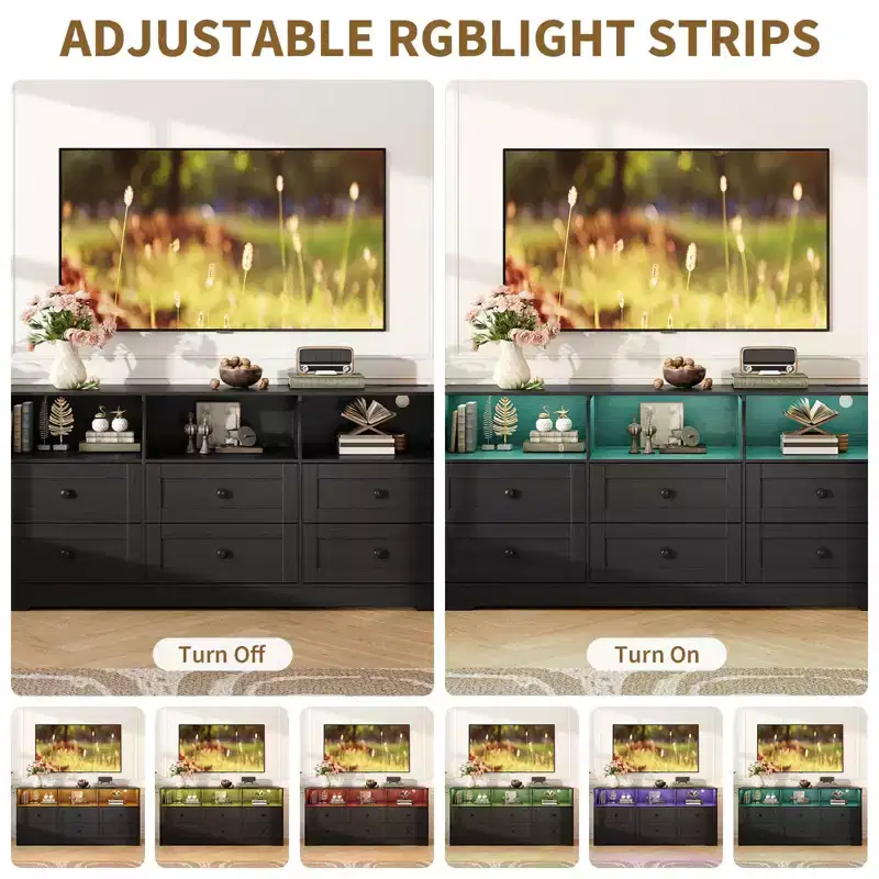 6-Drawer Dresser with RGB Lights & Power Outlet, Black / Gray / White