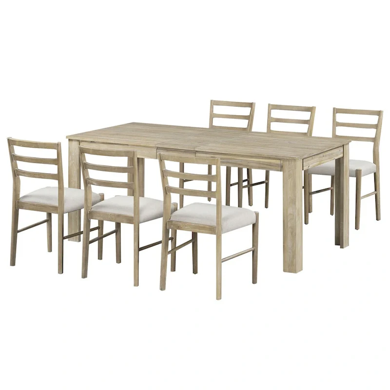 7-Piece Wooden Extendable Dining Table Set with 12 Leaf and 2 Drawers, 6 Chairs