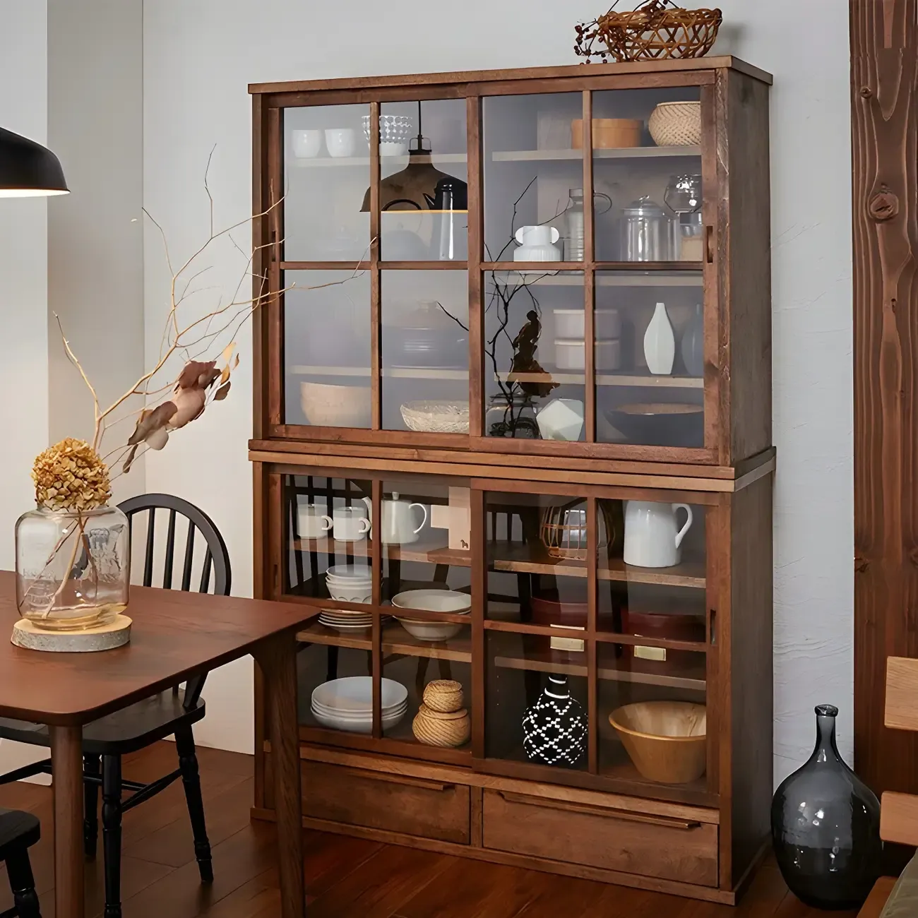 Adjustable Shelves Brown Wood China Cabinet with Glass Doors