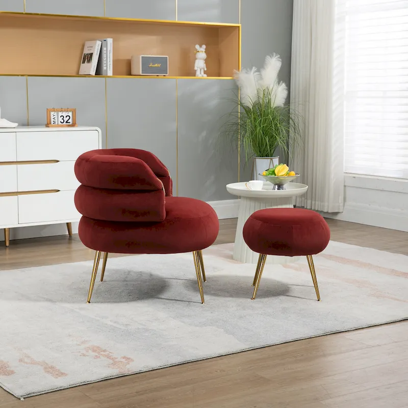 Wine Red Upholstered Barrel Chair with Ottoman and Metal Legs