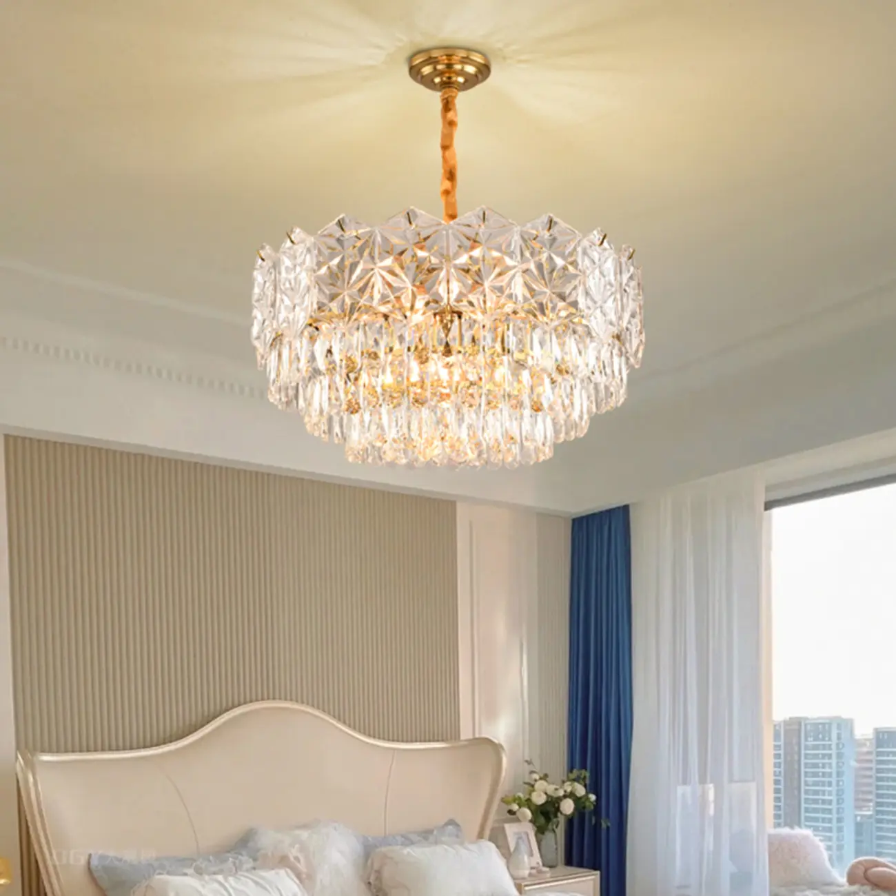 Modern Tier Gold Crystal Drum Chandelier Height Adjustable