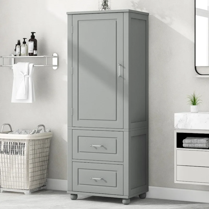 61.4 Tall Bathroom Storage Cabinet, Two Drawers and Adjustable Shelf