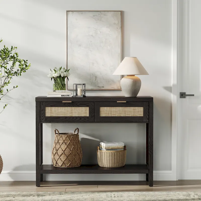 SICOTAS Rattan Console Table with 2 Drawers and Shelves - 30 x 39.4 x 13.8