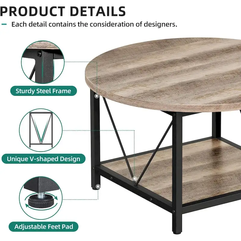 Industrial 2-Tier Round Coffee Table with Shelf