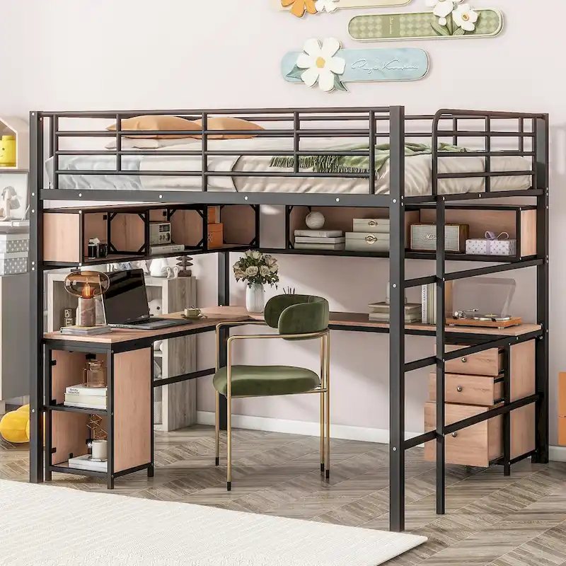 Metal Loft Bed with Bookcase, Desk and Cabinet