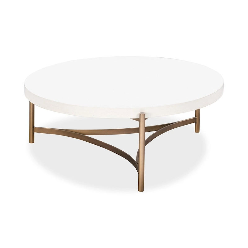 Leyu 46 Inch Round Coffee Table, White Concrete Top, Bronze Tripod Base